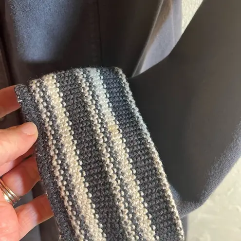 prAna Grey Coat with Striped Collar, stripe details at collar and cuffs, longer