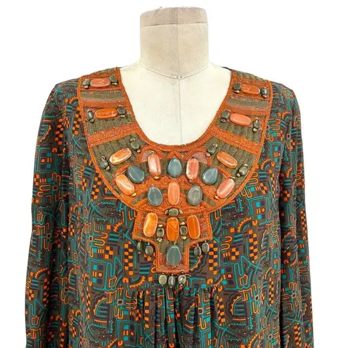 Anna Sui Tunic Top Dress Beaded Abstract Long Sleeve Brown Orange Green Size 6