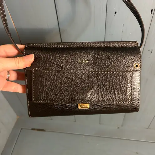 Furla Dark Black Pebble Leather Shoulder Bag | Crossbody Wallet Purse Authentic