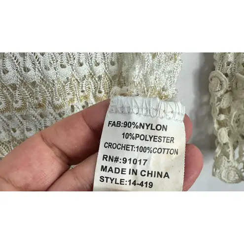 Solitaire Swim Cover Up L Crochet Knit Ivory Metallic Trim Festival Boho Beach