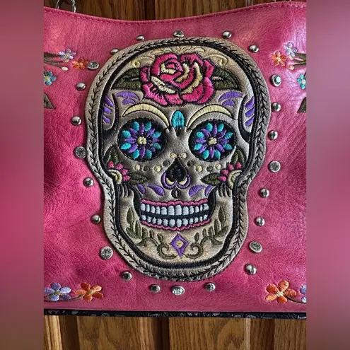 Sugar Skull Handbag Concealed Carry Shoulder Day Of The Dead Purse Pink Black