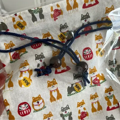 7.5”x9.5” Cream Shiba Inu Dog Print Fabric Drawstring Bag NEW