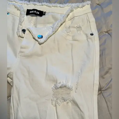 SER.O.YA Low Rise Flare White Distressed Raw Hem Jeans NWT sold out Size 29