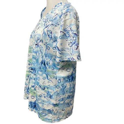 Reel Legends Blue, White & Green Print Short Sleeve V-Neck T-Shirt Size Large