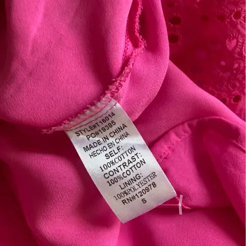 Entro  Hot Pink Perforated Frilled Short Sleeve Blouse Size Small 100% Cotton EUC