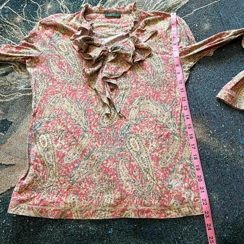 Vintage LRL Ralph Lauren paisley blouse Y2K ruffle western boho top red tan S