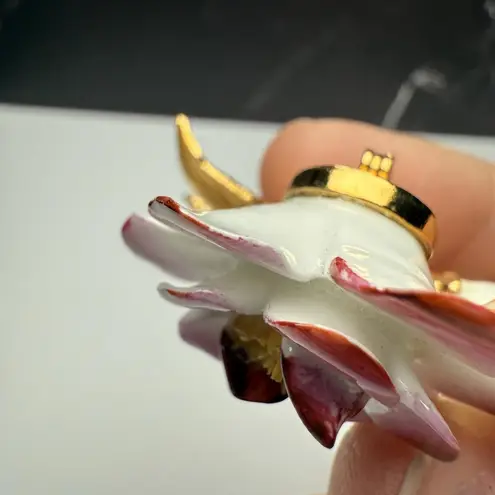 Pink & White Porcelain Rose Bud Flower Stem Brooch Pin Gold Tone Signed CR