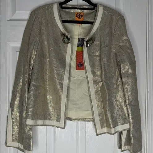 Tory Burch  NWT Gold Basketweave Paley Jacket Size 8 Linen Blend Hook Closure thumbnail 2