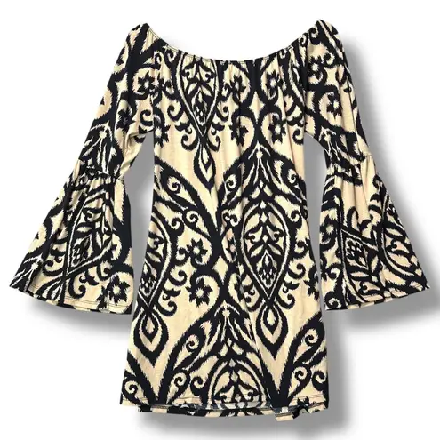 Cezanne Womens M Dress Black Tan Ikat Print Bell Sleeve Boho Chic Festival Retro Size M
