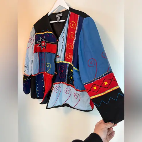 INDIGO MOON Patchwork Embroidered Blazer Jacket Aztec Boho 2X Vintage Red