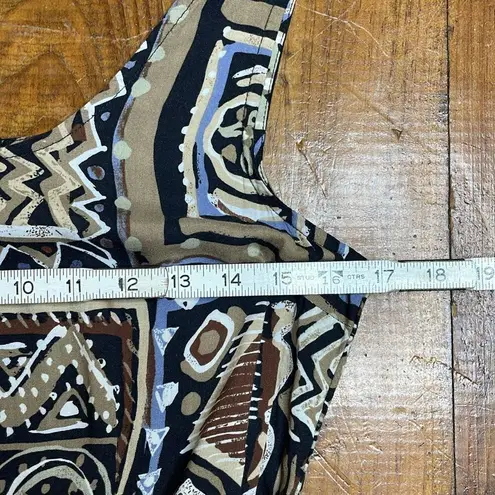 90s Vintage geometric Print Rayon Tie Front Tank Midi Dress black size 9