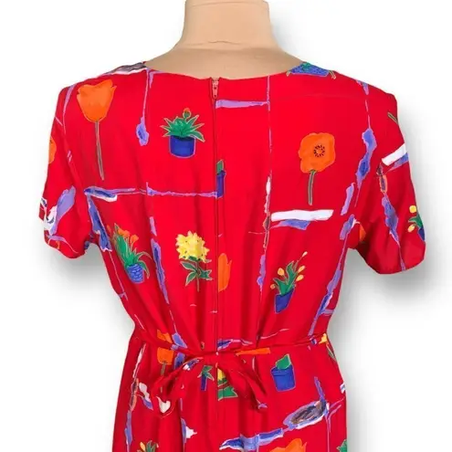 Vintage Spiegel Dress Red Multicolor Plant Floral Print Bow Tie Detail Maxi Size 14W