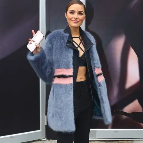 Shrimps Frederica Blue Pink Black Striped Colorblock Agnes Faux Fur Long Coat Size 10