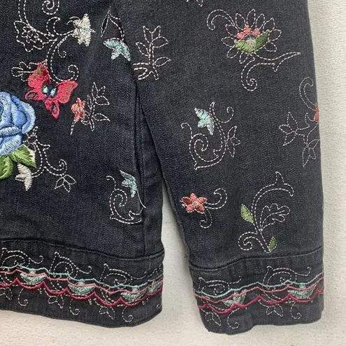 Denim & Co womens small black floral embroidered button up jacket blazer fairy b