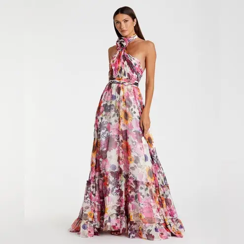 Mac Duggal 68108 Multicolor Asymmetrical Ruffled Halter Floral Gown