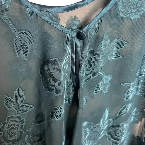 Vintage Angelique Women's L Satin Slip Dress Teal Blue Floral Chemise Lingerie Size L