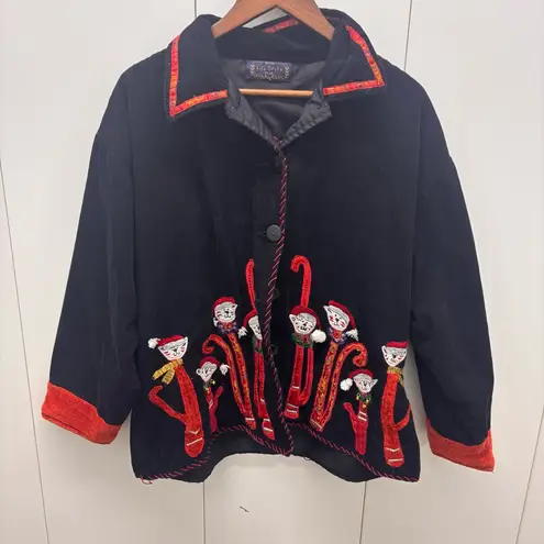 LifeStyle Christmas Cats Vibtage Jacket Fine Wale Corduroy Black Womens Plus Sz Size XXL