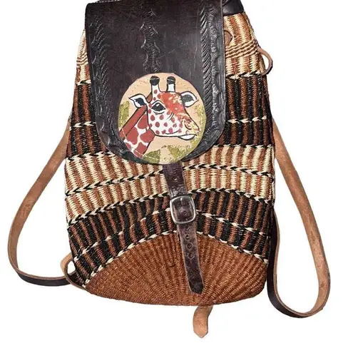 Kenya Artisan Made Sisal Giraffe Themed Colors Durable Flap Safari Backpack Bag Brown