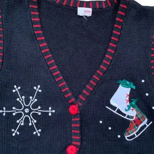Holiday Editions Black Printed Knit Sweater Vest Festive Embroidery Red Plaid Size L