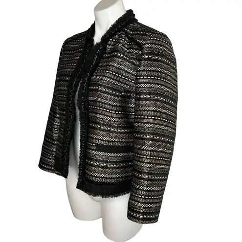 Chico's  Royal Tweed Jacket Black Gold Silver Open Blazer Bracelet Sleeve Sz 1 M 8