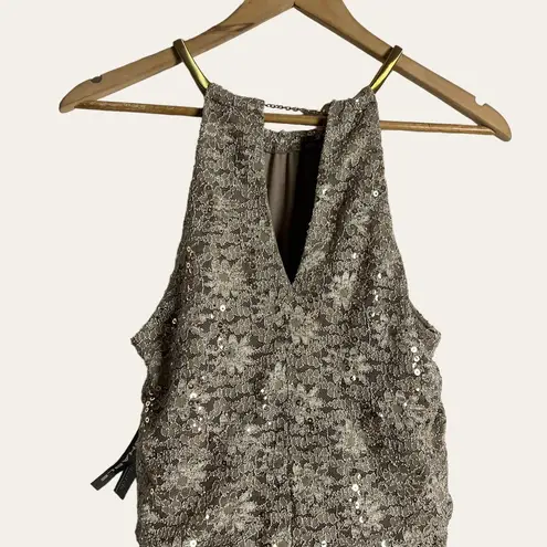 R & M Richards Champagne Metallic Gold Sequin Lace Halter Formal Gown Size 6