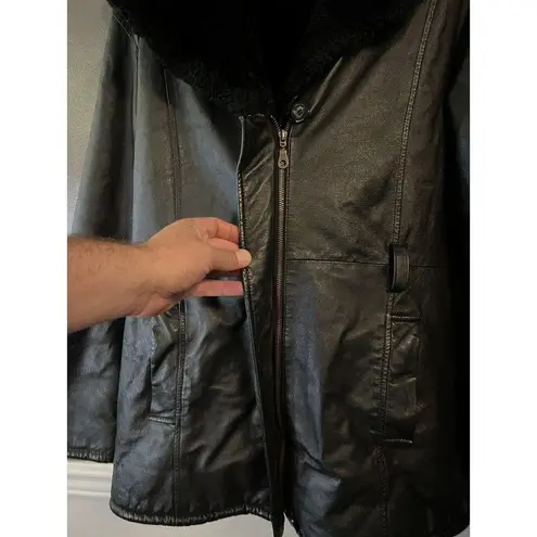 In Style Jacket Womens Large Genuine Leather Faux Fur Lined Winter Coat Zip Black