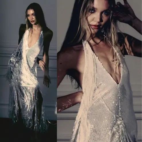 Rotate Birger Christensen Sequin Metallic Fringe Sleeveless Dress Silver Size 10