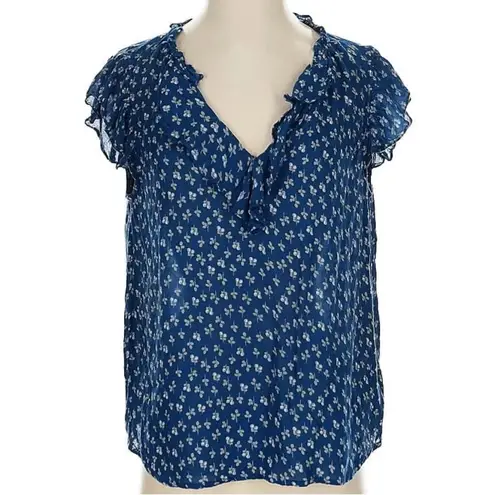 Anthropologie Velvet by Graham & Spencer Blue and White Floral Ruffle Top size Size M
