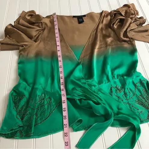 Heart Moon Star Brown and Green Ruffle Sleeve Silk Mai Tie Top Size M