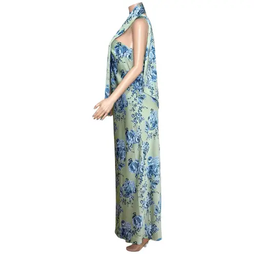 BHLDN   Molly Scarf-Neck Strapless Column Maxi Dress, Mint Cabbage Roses, Large