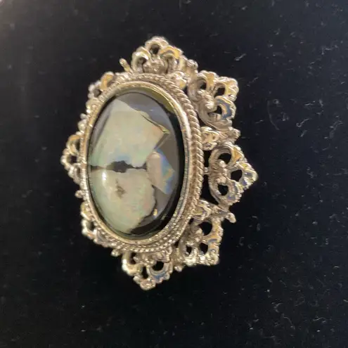 Vintage Baroque Opal Style Glass Brooch Pendant Gold Ornate Frame Pin Victorian Silver