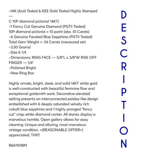 14KT SOLID WHITE GOLD DIAMOND & SAPPHIRE VINTAGE .64 TOTAL CARAT RING