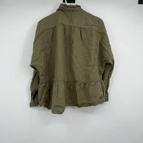 Holding Horses Womens Green 100% Linen LS Button Blouse M Festival Boho Cottage