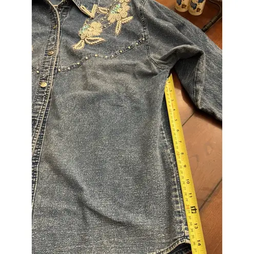 Vintage Club Z Acid Wash Denim Shirt 80s With Bedazzled Applique Detail Blue Size XL