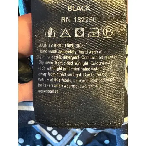 LK Bennett Dress Women 4 Black Blue Silk Domino Tie Neck Lotte Mini Shirt Dress