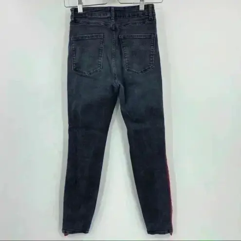 ZARA  Black Washed High Waisted‎ Red Velvet Stripe Jeans Size 4