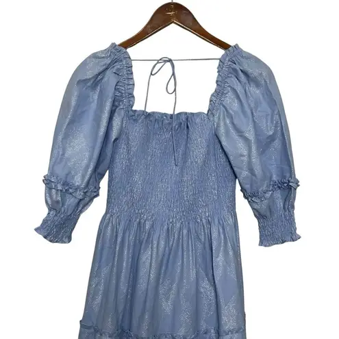 Hill House Nesli Nap Dress Women’s Size Small Blue Metallic Puff Sleeve Midi
