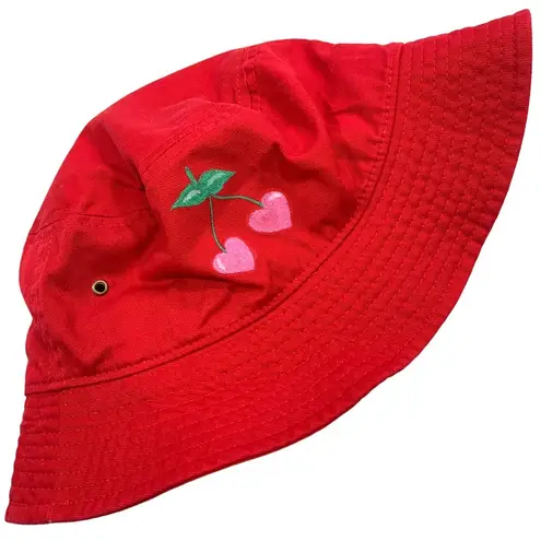 Hand Painted Heart Cherries Red Bucket Hat