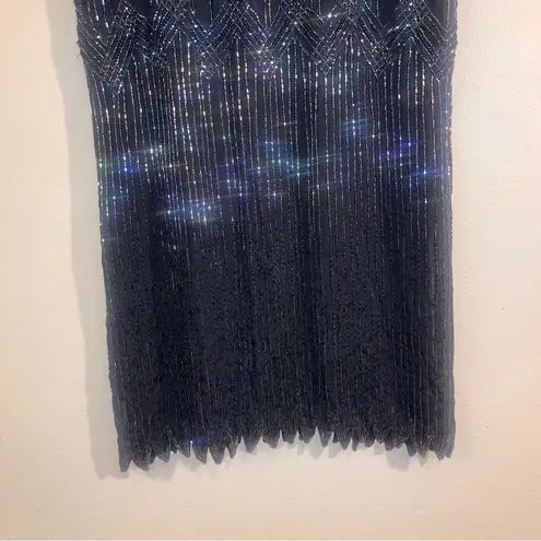 Vintage 1920s Style Art Deco Flapper Dress Black Iridescent Beaded Gatsby Dress Gold Size M