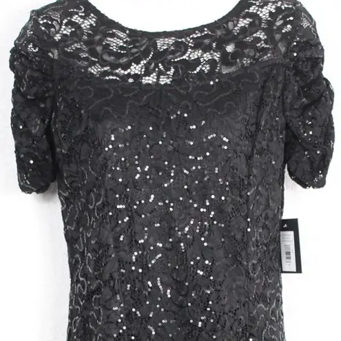 Marina Ruched Sleeves Lace Sequins Dress Size S V Neck Short Sleeve Black