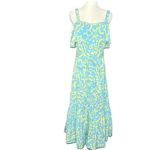 Derek Lam Collective Scribble Tie Tiered Midi Blue Yellow Dress Women Size 42/6