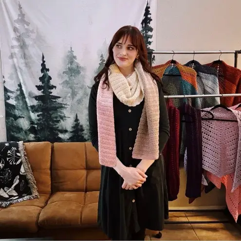 Handmade Extra-Long and Wide Pink, Cream, and Brown Crochet Scarf