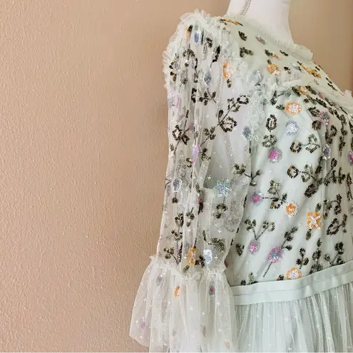 Ivy City Co Mint Green Purple Beaded Floral Embroidered Tulle Dress