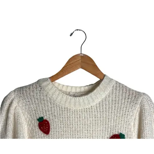 MNG Mango Sweater Appliqué Strawberry Size Small Cream Knit Puff Sleeve Acrylic Red
