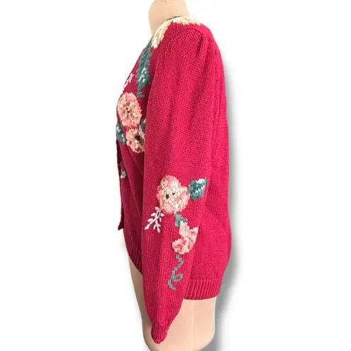 Vintage 90s Herman Geist Hand Embroidered Floral Knit Cardigan Sweater Red Crop Size M