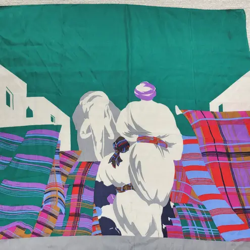 VTG Daniel Hechter Silk Scarf 30" Square Green Plaid Elephant Hand Rolled