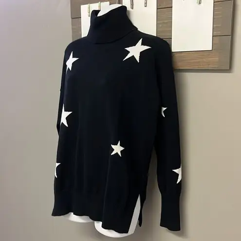 Black w/ Stars Turtleneck Viscose Blend Long Sleeve Sweater w/Side Slits