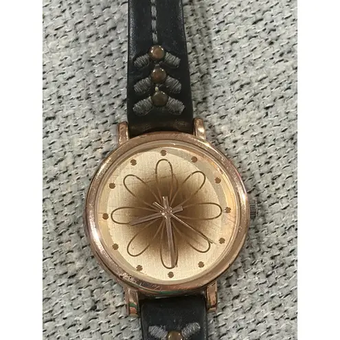 Womens Accutime Gold Tone Floral Watch Black Leather Strap Detail