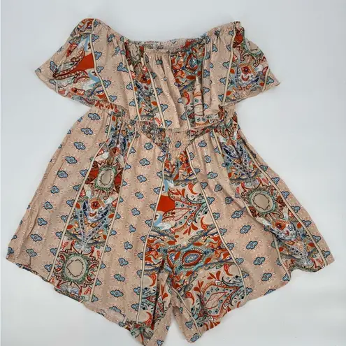 Ecowish Off Shoulder Romper Strapless Floral Print Striped Jumpsuit Med NWT