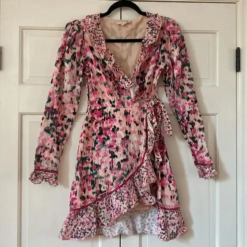 Rococo Sand Mimi Ruffle Trim Long Sleeve Mini Wrap Dress Pink Floral Barbiecore Pink